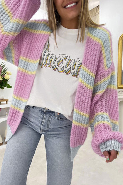 Pink Contrast Striped Open Front Cable Cardigan