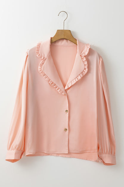 Pink Frilled Lapel Collar Button-Up Puff Sleeve Shirt