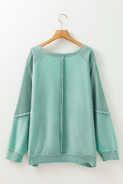 Mineral Blue Textured Patchwork Frilled Trim Plus Size Pullover Sweatshirt