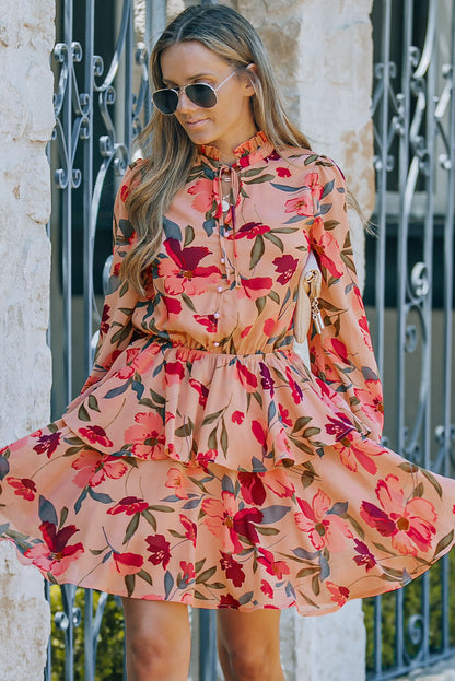 Fiery Red Frilled Collar Long Sleeve Floral Dress with Ruffle