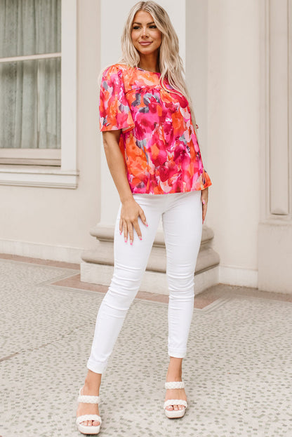 Fiery Red Floral Print Wide Sleeve Blouse