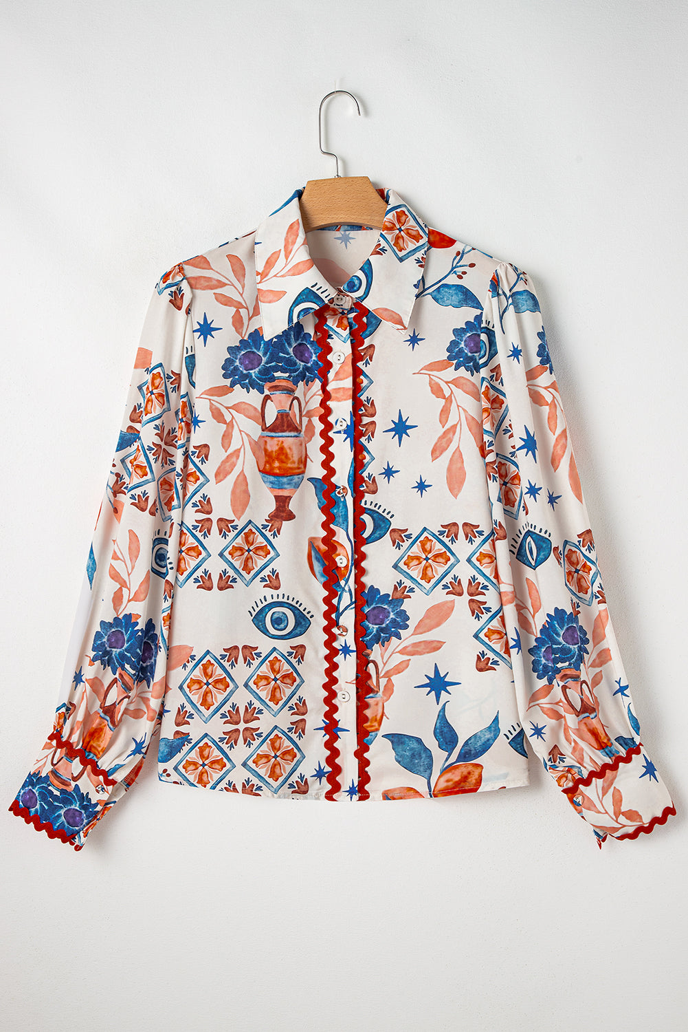 Multicolour Western Printed Ric Rac Bishop Sleeve Button Up Shirt