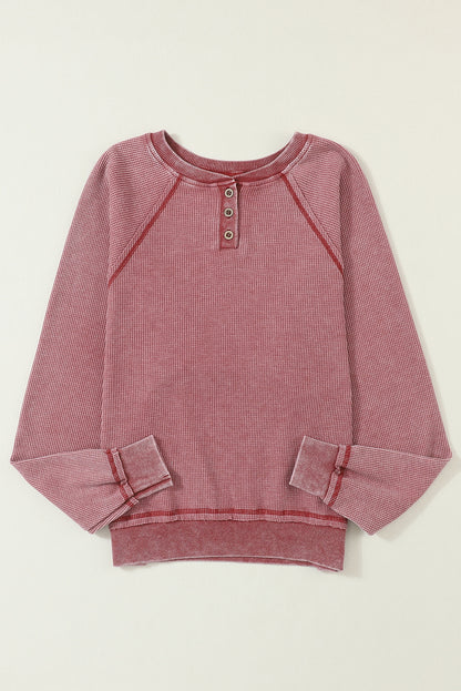 Fiery Red Waffle Knit Raglan Sleeve Henley Sweatshirt