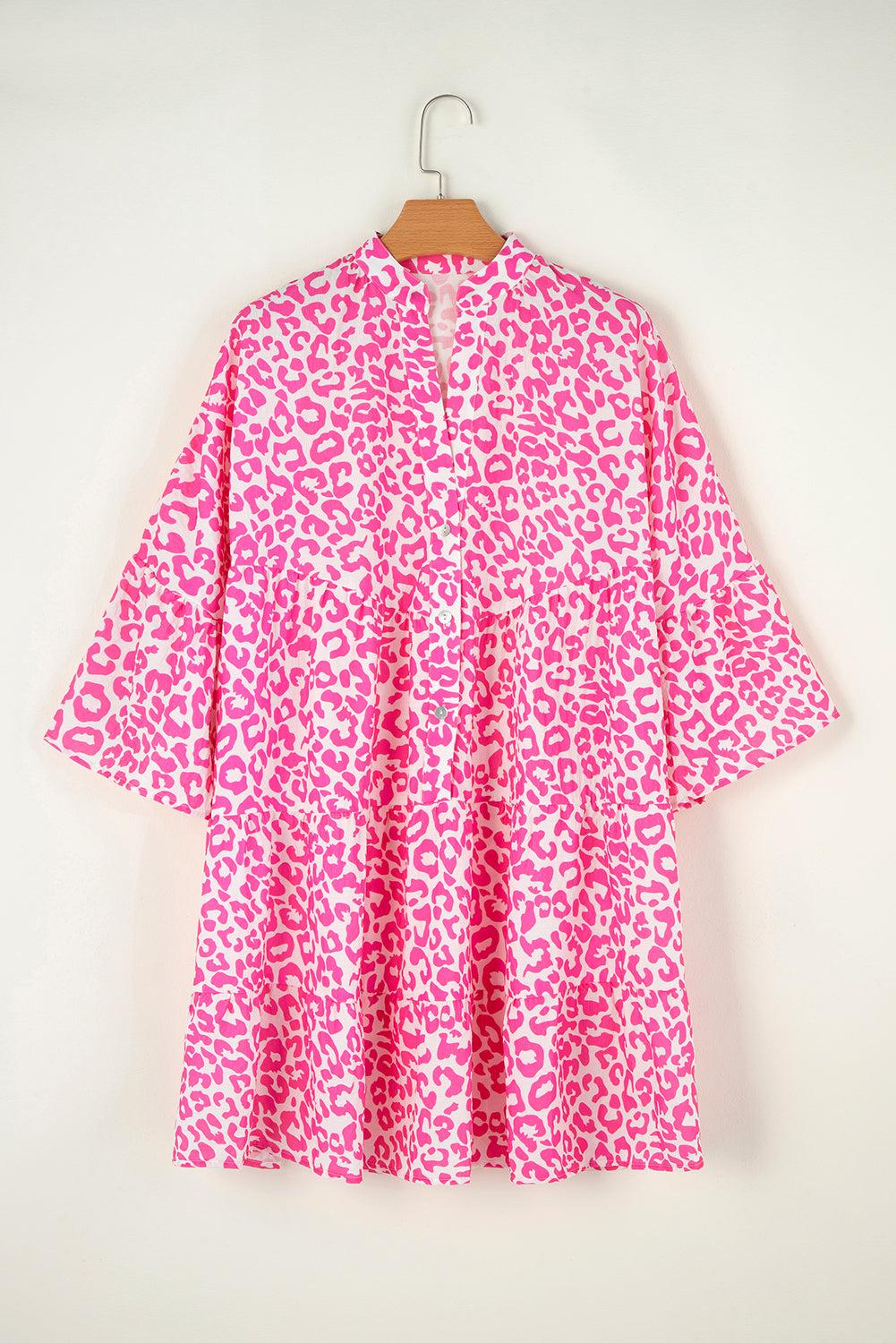 Bright Pink Leopard Printed Long Sleeve Buttoned Front Mini Dress