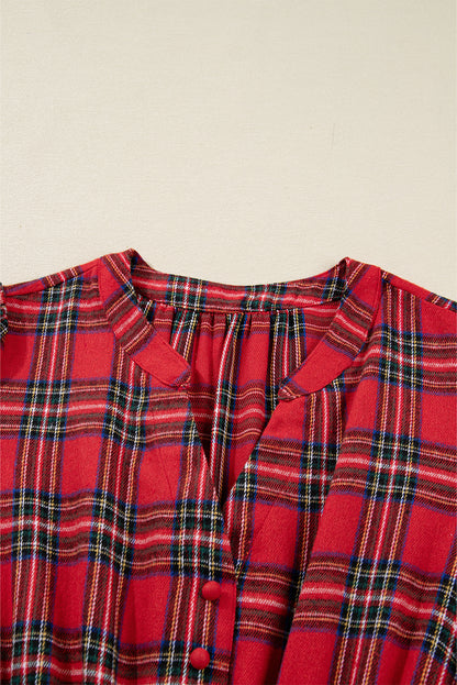Red Christmas Plaid V Neck 3/4 Sleeve Tie Waist Ruffle Hem Long Dress