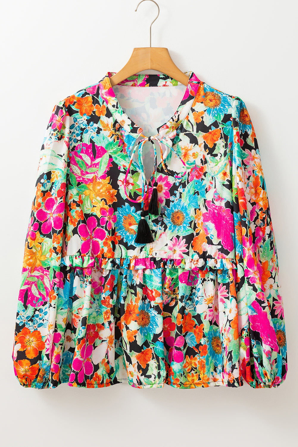 Multicolour Floral Print Bubble Sleeve V Neck Ruffled Blouse