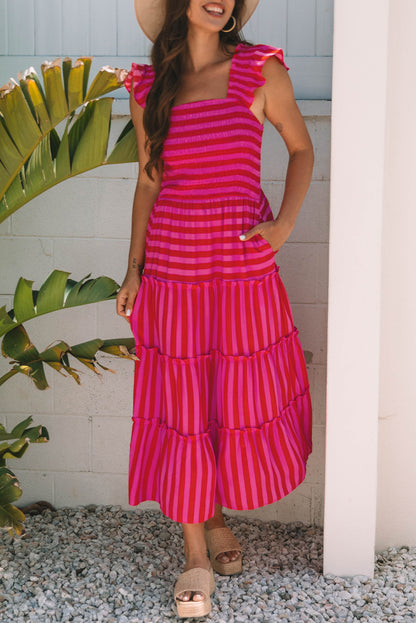Rose Stripe Flutter Sleeve Smocked Bodice Tiered Maxi Dress