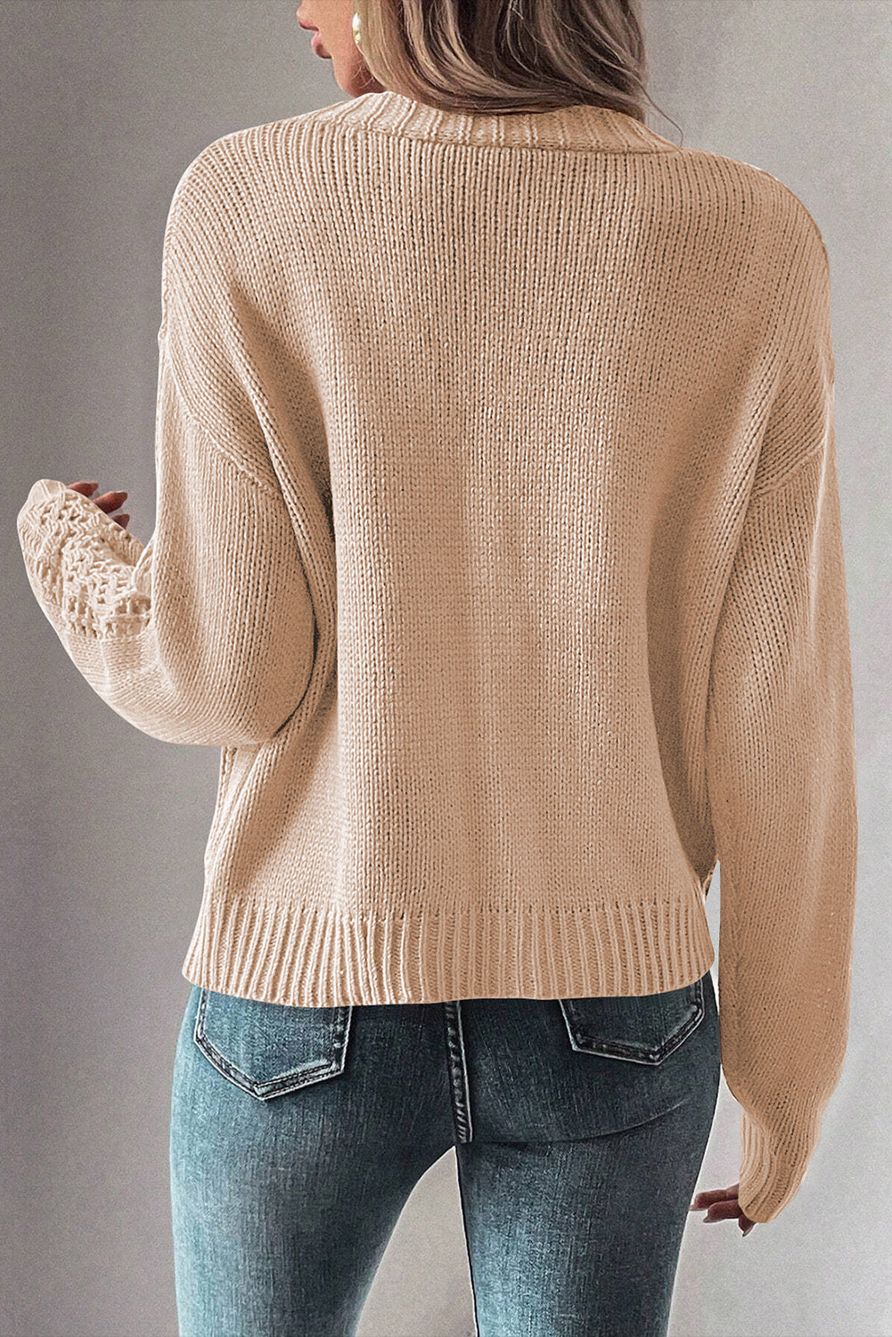 Beige Open Knit Drop Shoulder Sweater Cardigan