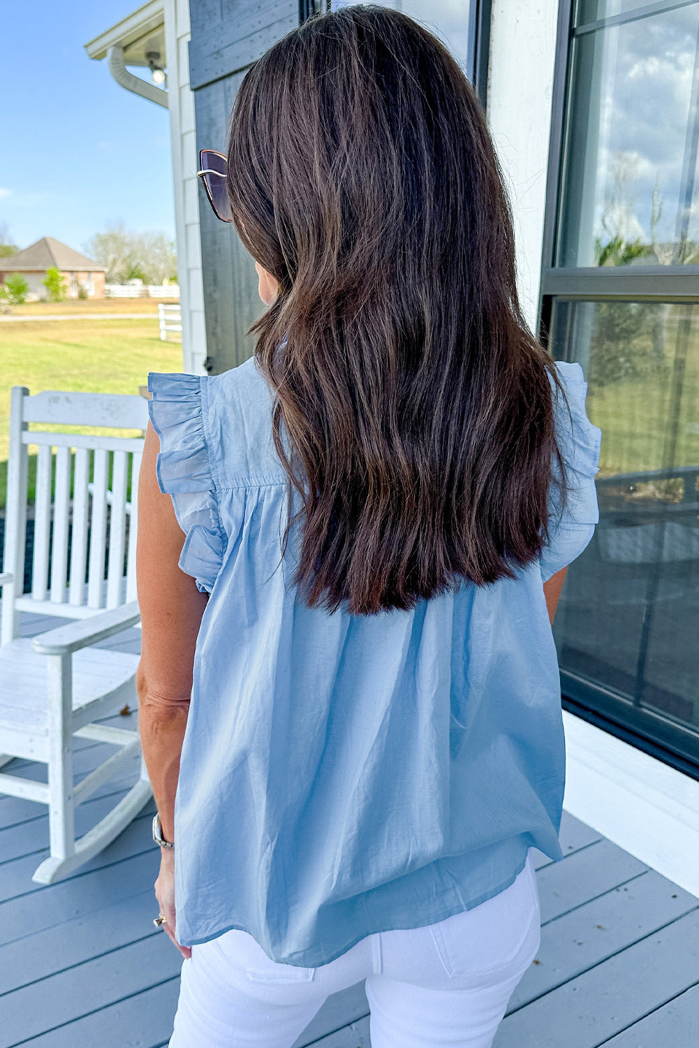 Sky Blue Ric Rac Trim Frilly Sleeveless Shirt