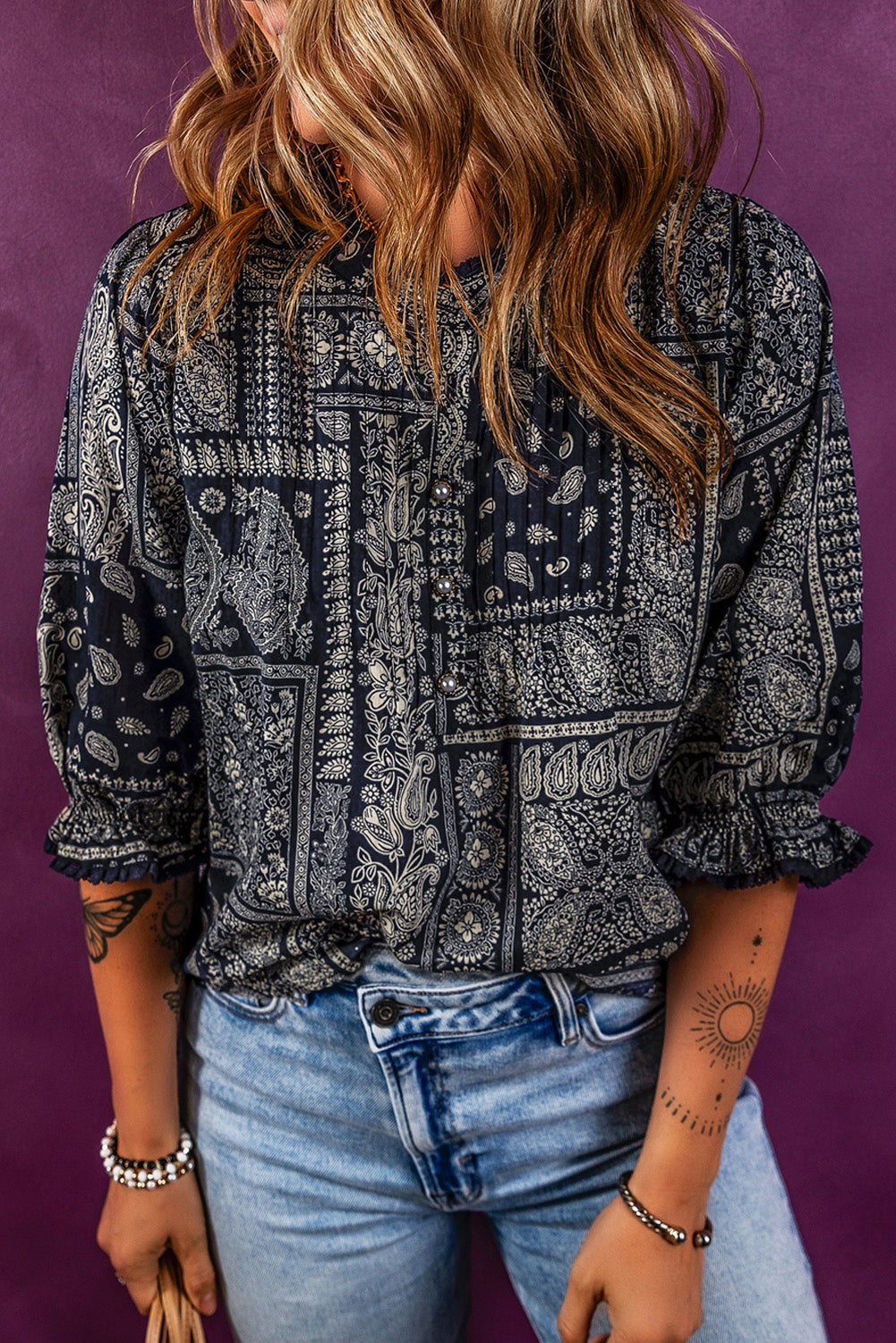 Navy Blue Vintage Boho Paisley Print 3/4 Sleeve Blouse