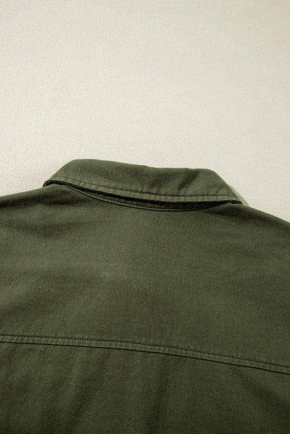 Moss Green Snap Button Zipper Tight Waist Collared Jacket