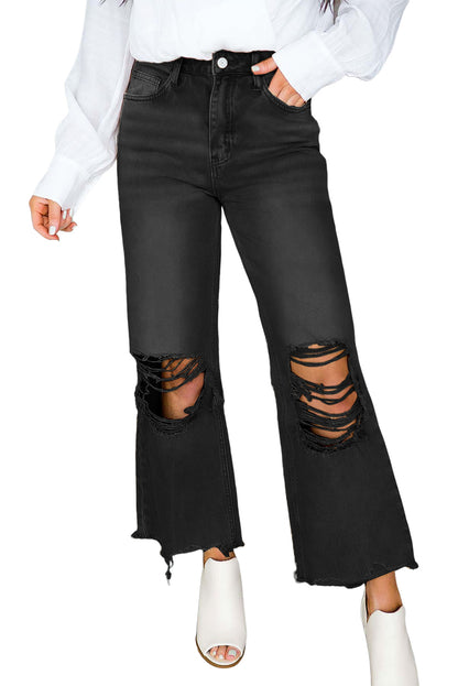 Black Distressed Hollow-out High Waist Cropped Flare Jeans