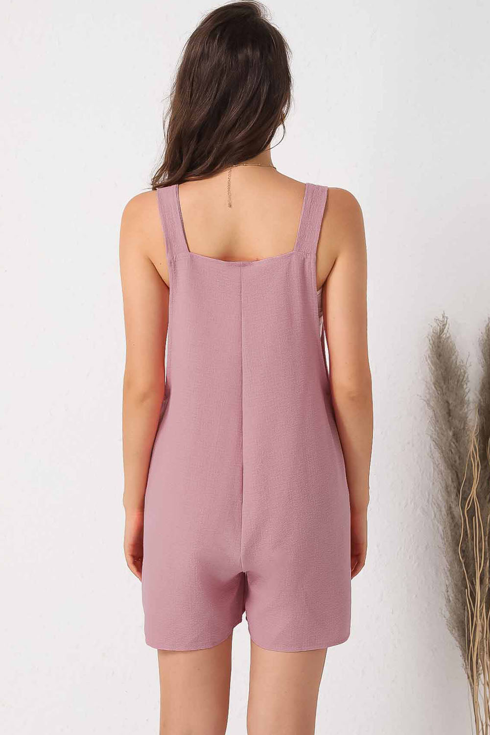 Pink Adjustable Straps Pocketed Textured Romper