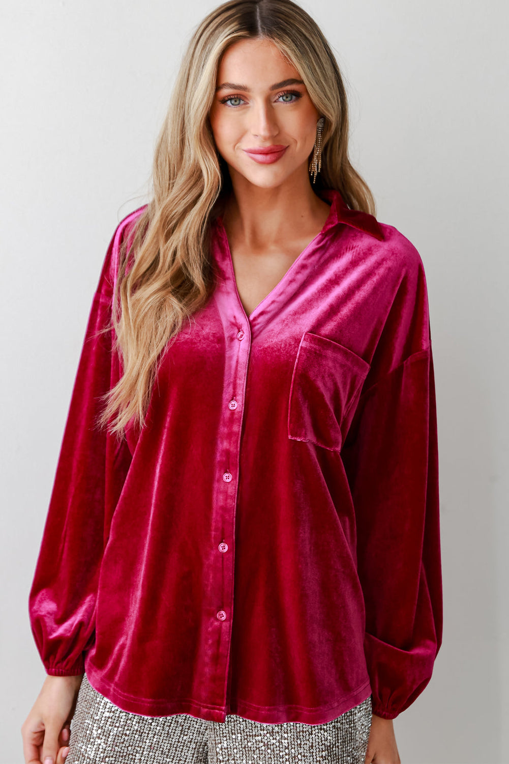 Pitaya Pink Buttoned V Neck Chest Pocket Velvet Shirt