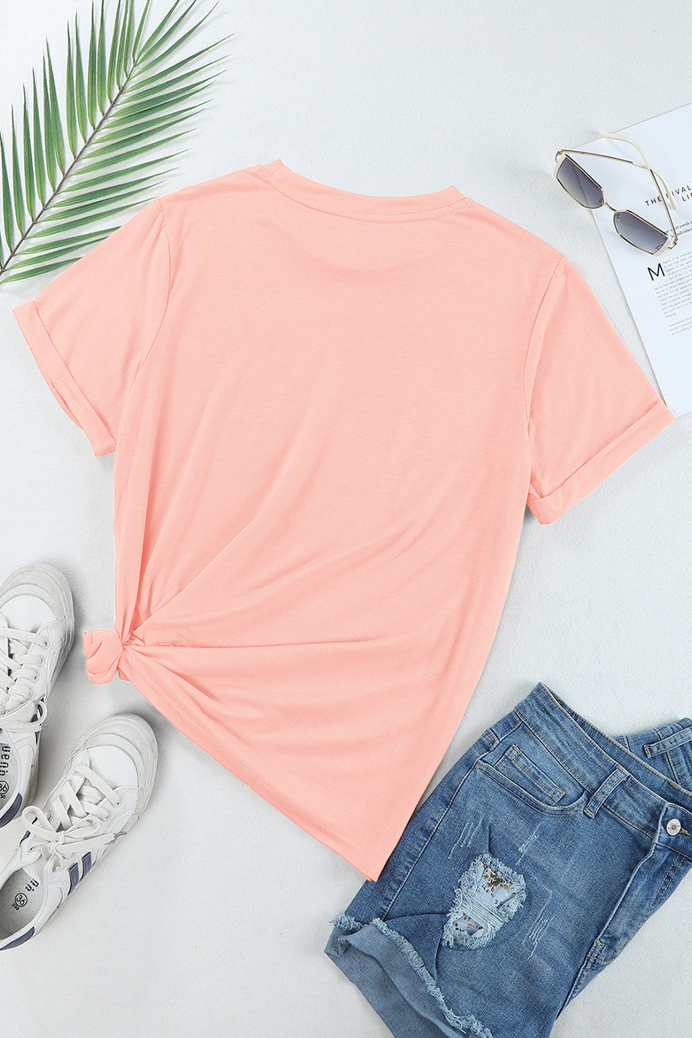 Pink Casual Plain Crew Neck Tee