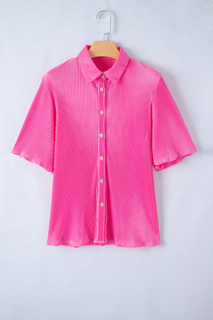 Bright Pink Satin Pleated Short Sleeve Shirt