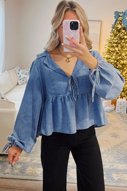 Dusk Blue Denim Lapel Neck Balloon Sleeve Tied Peplum Top