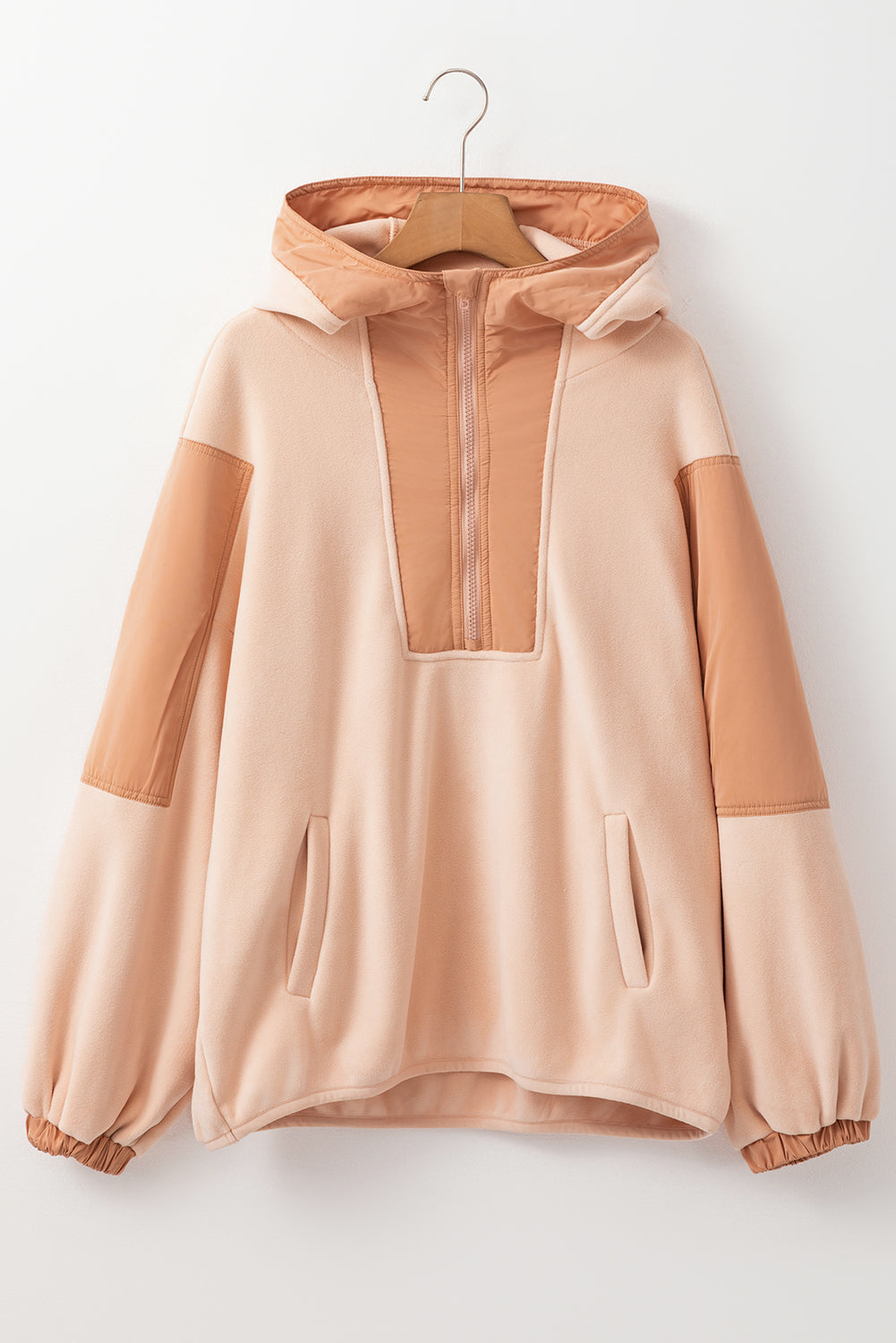 Light French Beige Colorblock Patchwork Half Zip Oversized Sherpa Hoodie