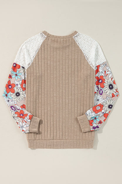 Parchment Floral Patchwork Long Sleeve Ribbed Blouse