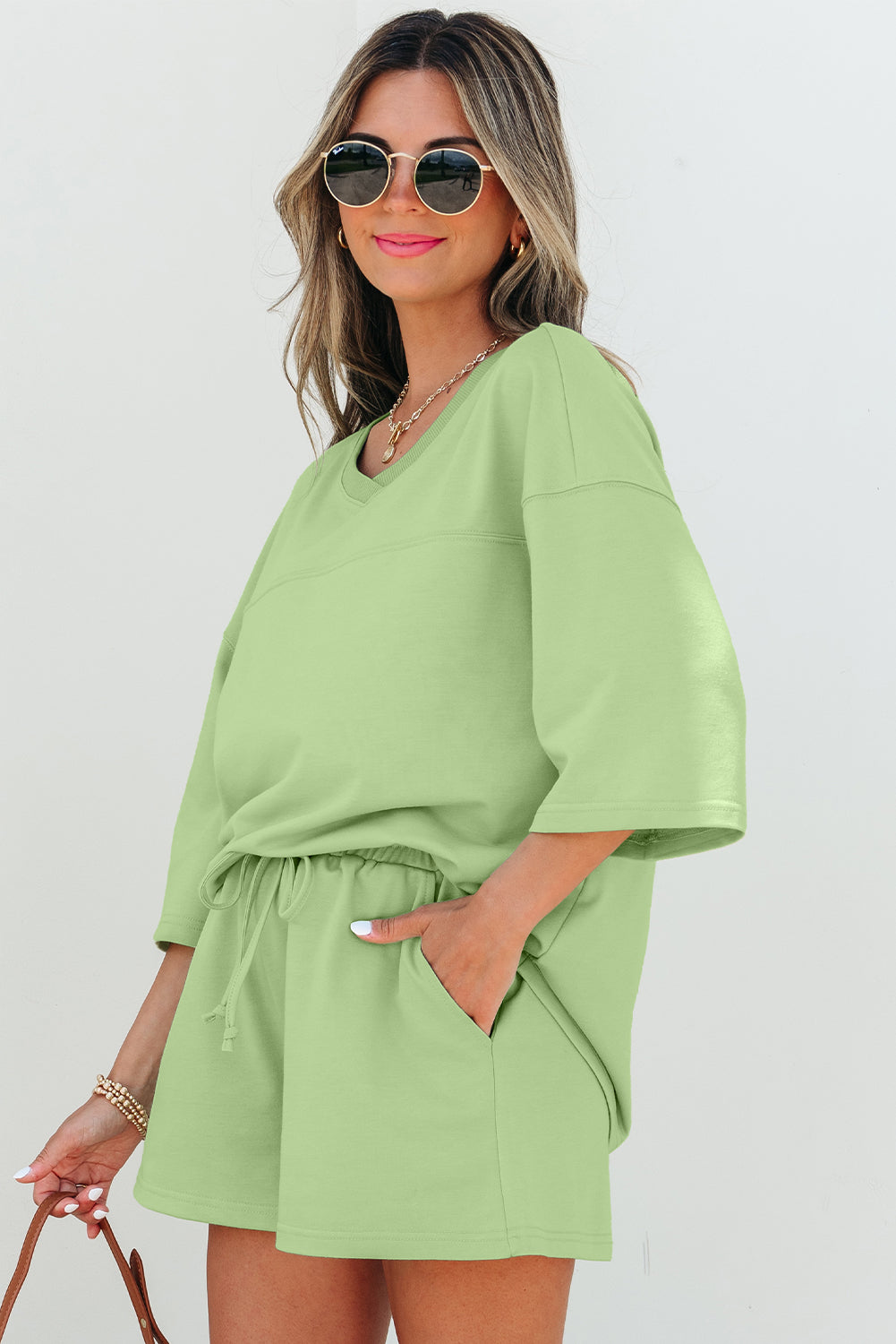 Meadow Mist Green Solid Loose V Neck Half Sleeve Tee and Shorts