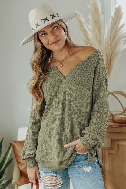 Green Waffle Knit Split Neck Pocketed Loose Top