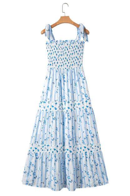 Sky Blue Floral Smocked Tied Straps A-Lined Tiered Maxi Dress