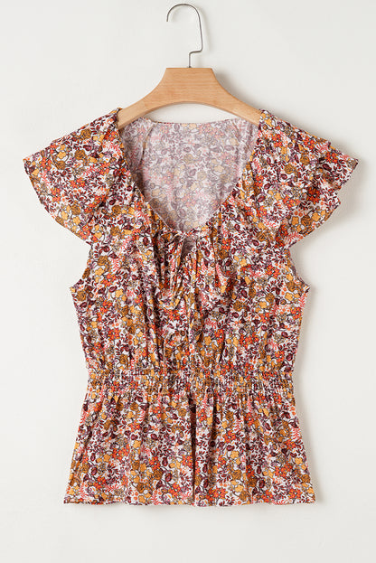 Red Floral Print Knot V Neck Ruffled Sleeve Blouse