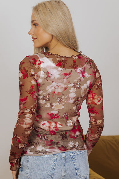 Red Floral Print Sheer Mesh Long Sleeve Top