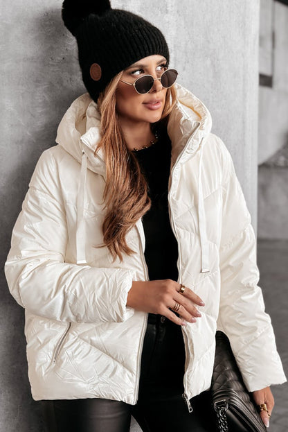 White Solid Quilted Hooded Zip Up Puffer Coat