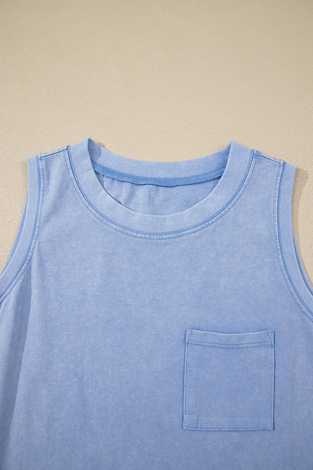 Beau Blue Mineral Wash Patched Chest Pocket Casual Tank Top