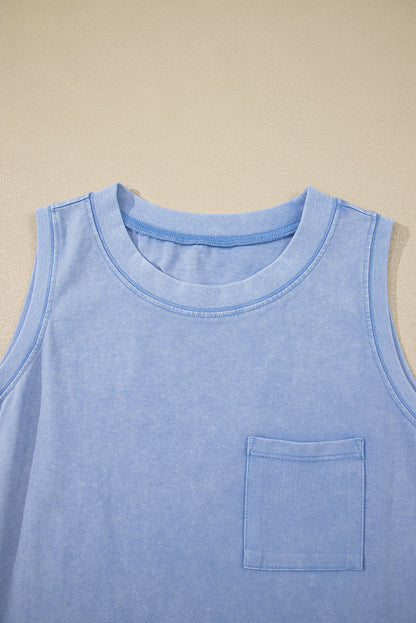 Beau Blue Mineral Wash Patched Chest Pocket Casual Tank Top