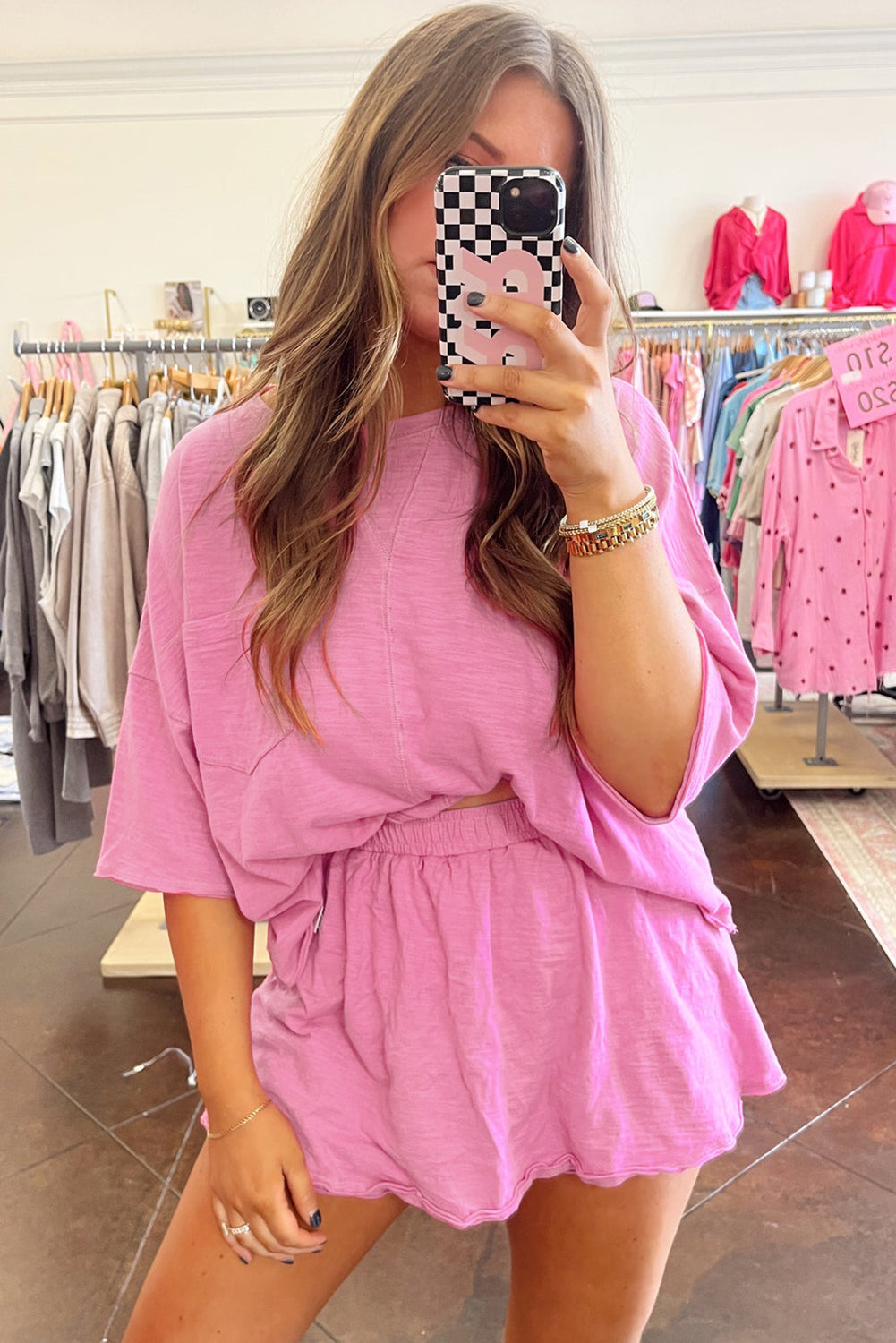Sachet Pink Loose Fit Half Sleeve T Shirt and High Waist Skirt Set
