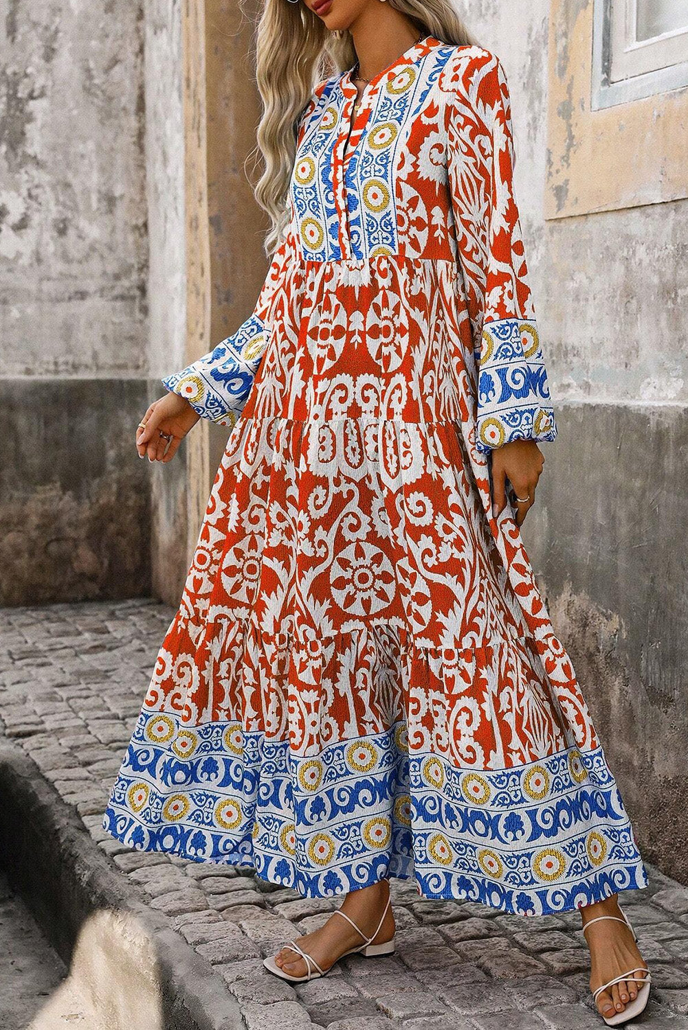 Orange Boho Geometric Printed Long Sleeve Maxi Dress