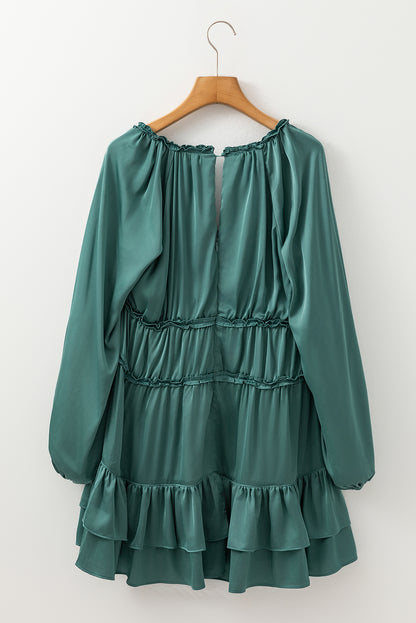 Mist Green Tiered Ruffled Puff Sleeve Loose Fit Mini Dress