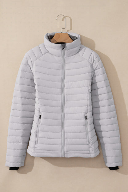 Silvery Solid Color Quilted Zip-up Puffer Jacket