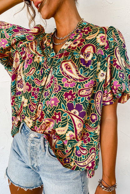 Green V Neck Short Bubble Sleeve Paisley Blouse