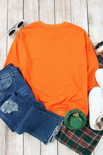 Orange Plain Crew Neck Pullover Sweatshirt