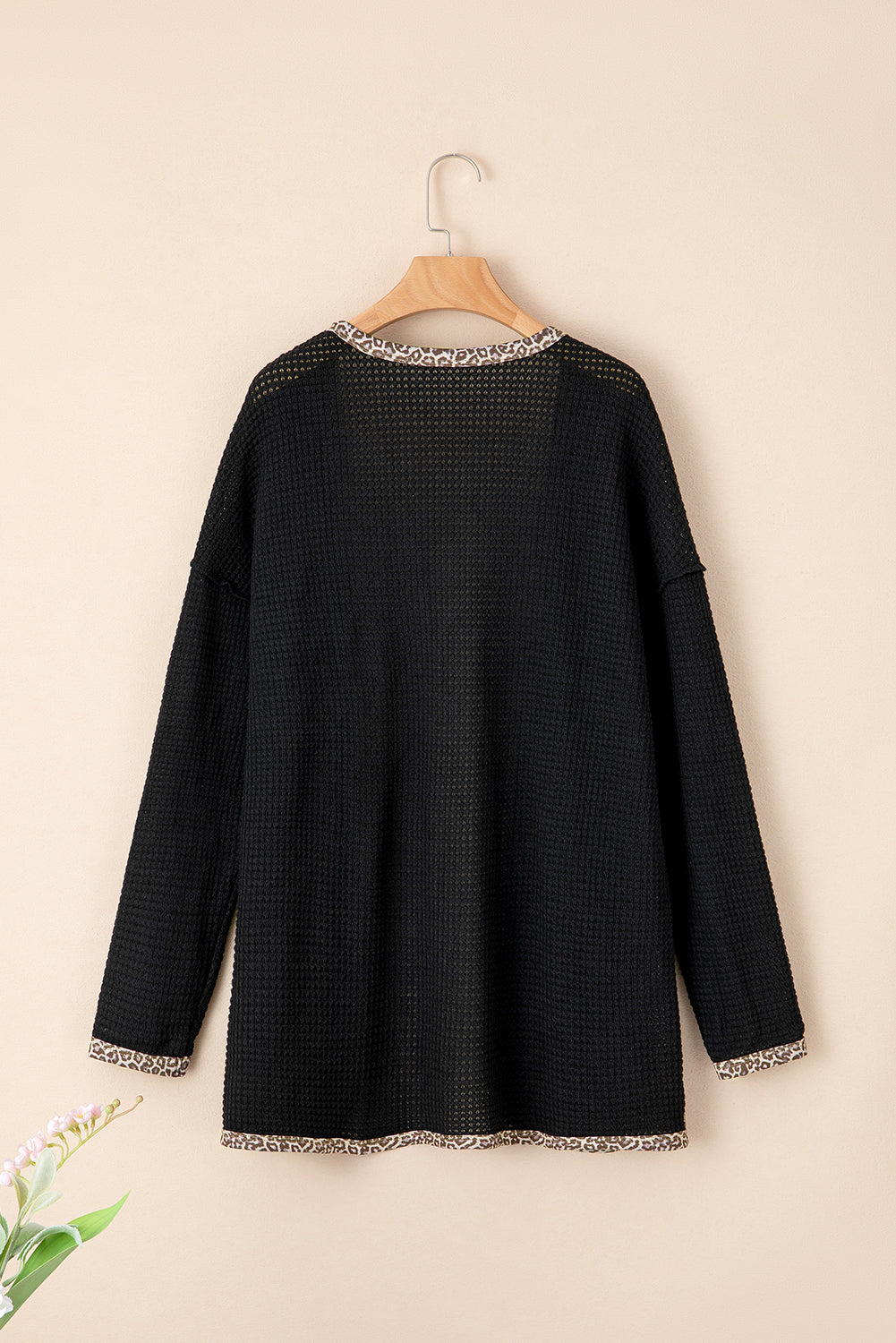 Black Leopard Contrast Waffle Knit Open Front Cardigan