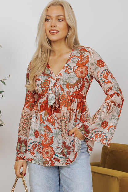 Orange Floral Print Deep V Neck Knot Bell Sleeve Blouse