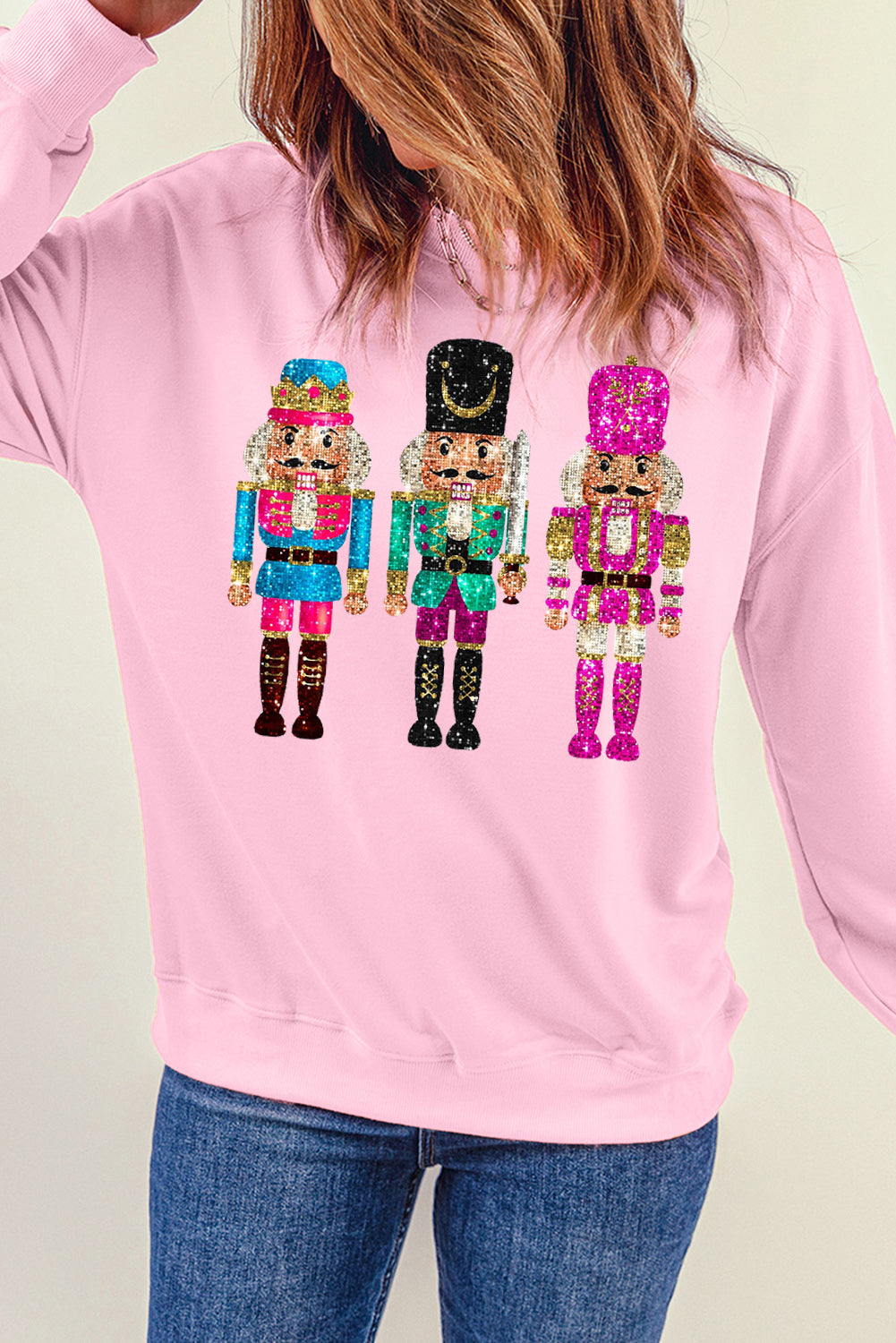 Pink Cute Nutcracker Printed Drop Shoulder Christmas Sweatshirt