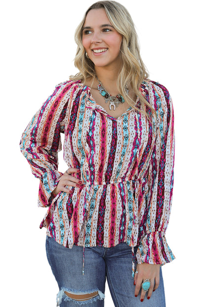 Multicolour Western Aztec Split Neck Peplum Blouse