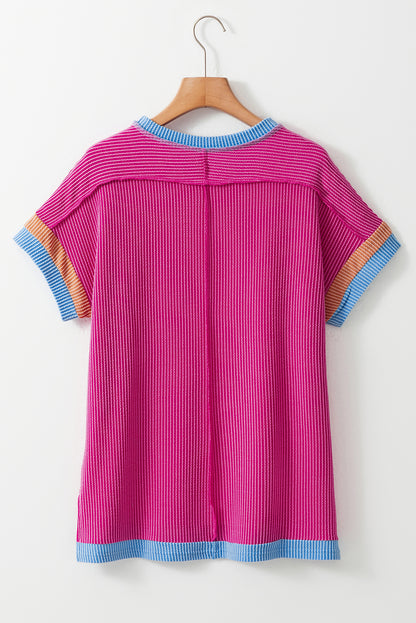 Bright Pink Textured Contrast Trim Round Neck T Shirt