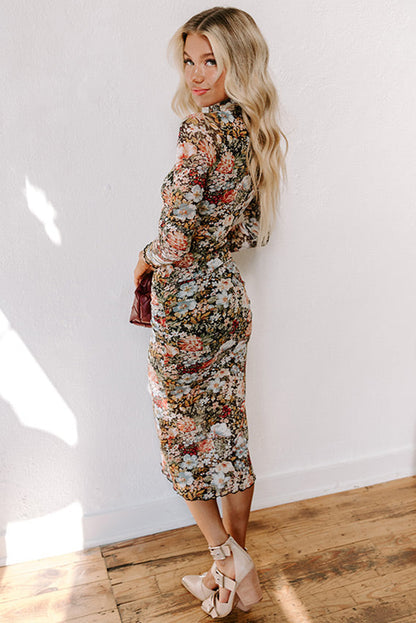 Brown Floral Allover Print Mock Neck Bodycon Long Sleeve Midi Dress