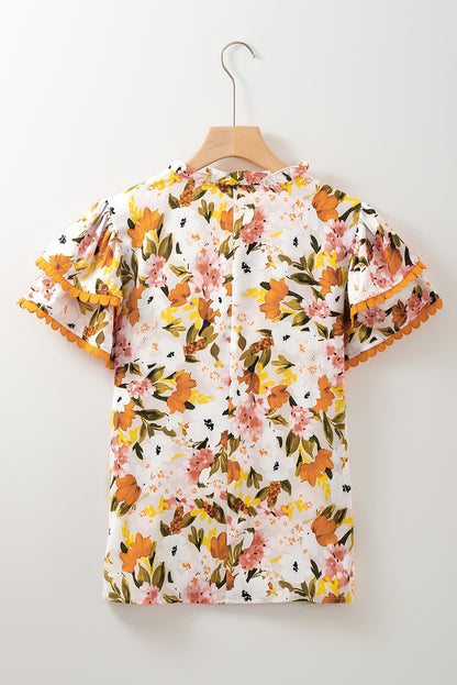 Russet Orange Ruffled V Neck Scalloped Short Sleeve Floral Blouse