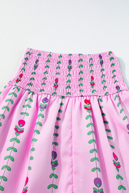 Pink Printed Smocked Tiered Maxi Skirt