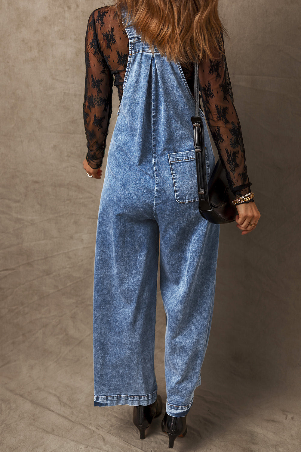 Light Blue Mineral Wash Buttoned Straps Wide Leg Denim Overalls