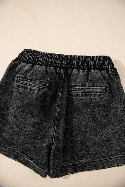 Black Drawstring High Waist Pocketed Denim Shorts