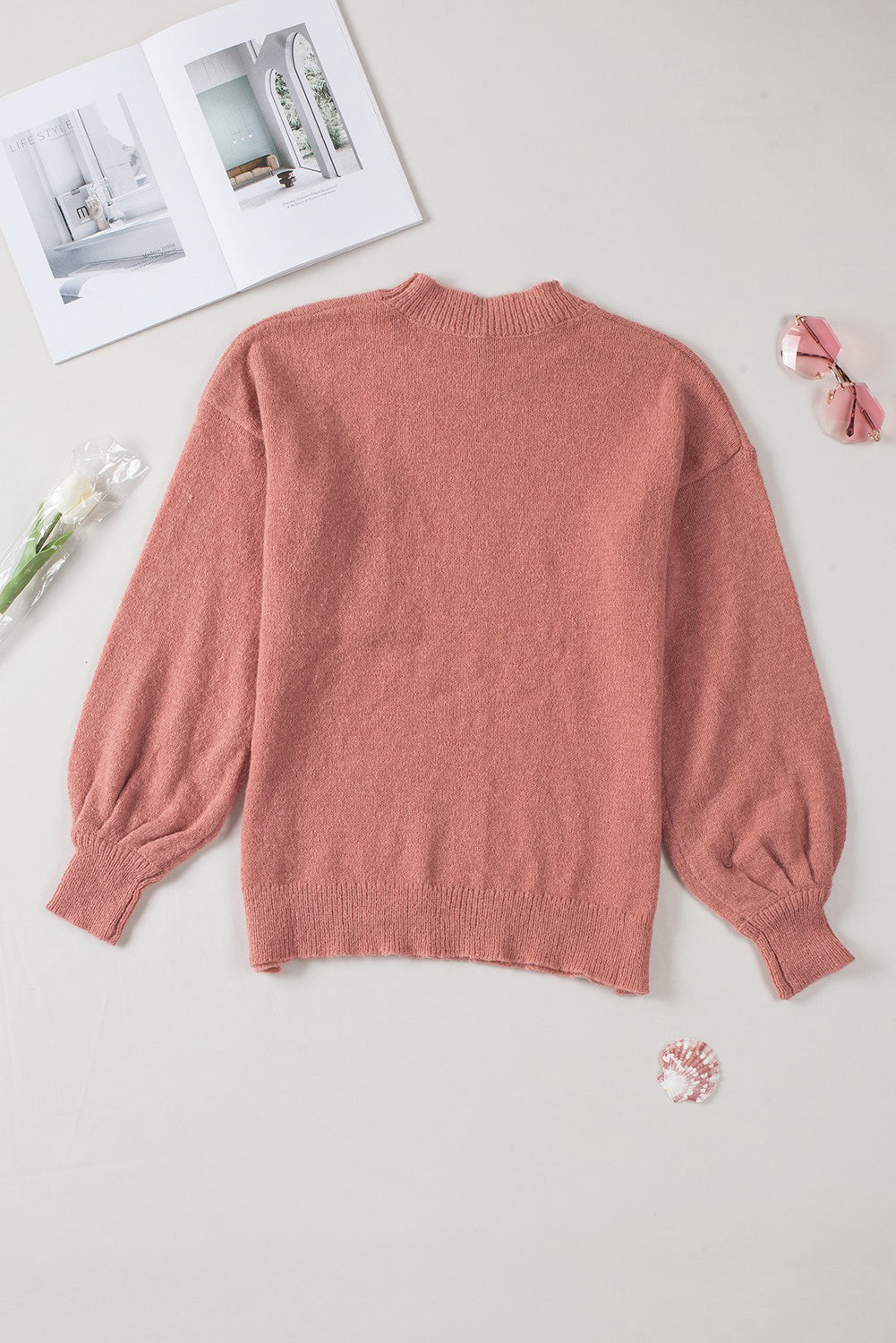 Solid Color Puffy Sleeve Pocketed Sweater