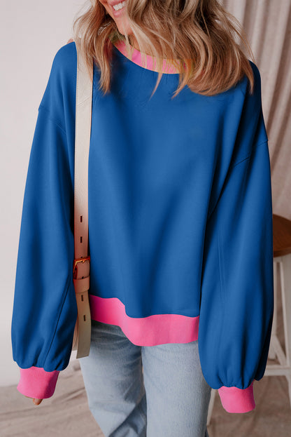 Blue Colorblock Bubble Sleeve Sweatshirt