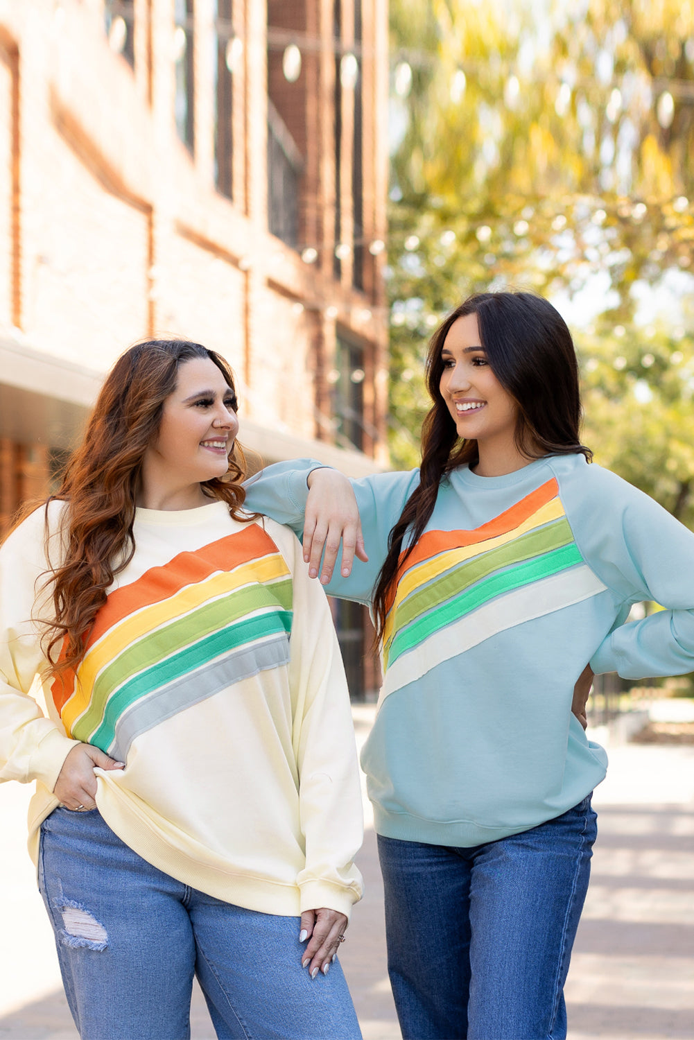 Beau Blue Rainbow Colorblock Striped Pullover Sweatshirt